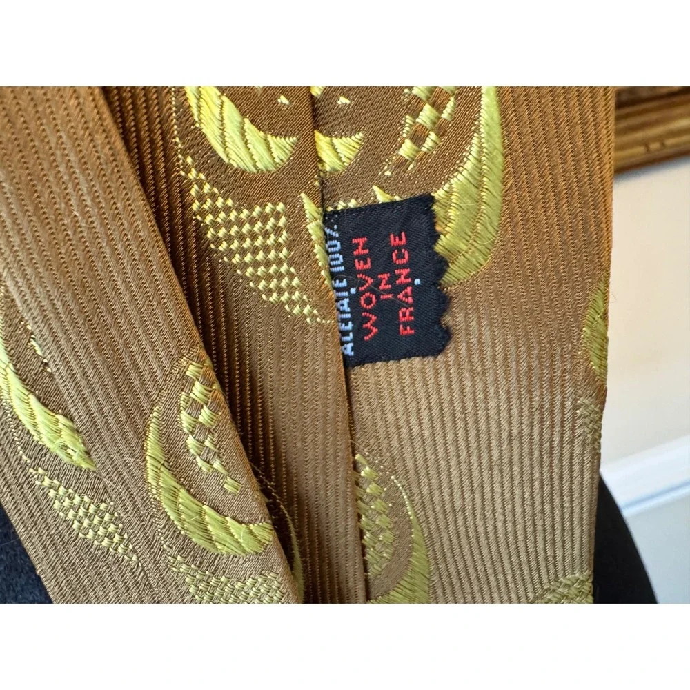 Vintage French Bronze Brown Chartreuse Yellow Geometric Orbital Wide Silk Tie 4